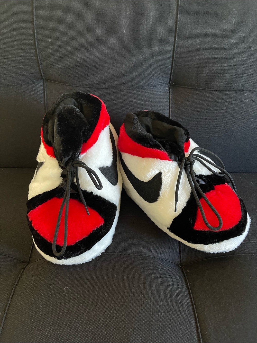 Unisex Nike Red, Black & White Plush Sneaker Slippers.